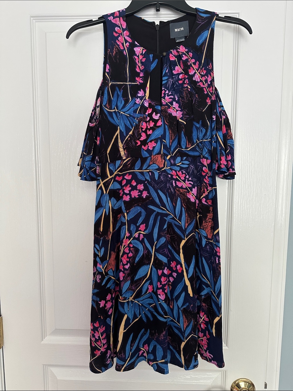 Anthropologie Black Cold-Shoulder Dress with Blue and Pink Floral Print Size 0